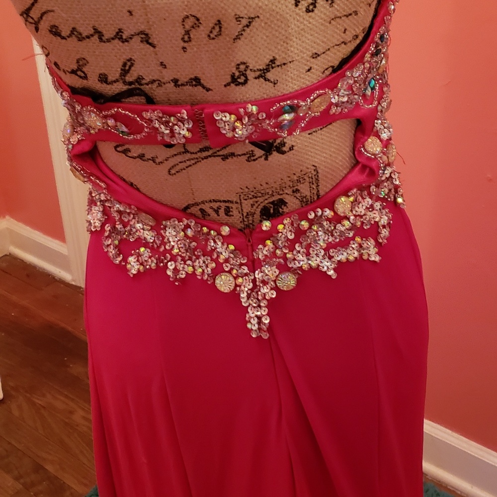 Red/strapless/gown with rhinestones